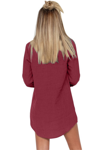 Burgundy Button Neck Long Sleeve Shirt Dress