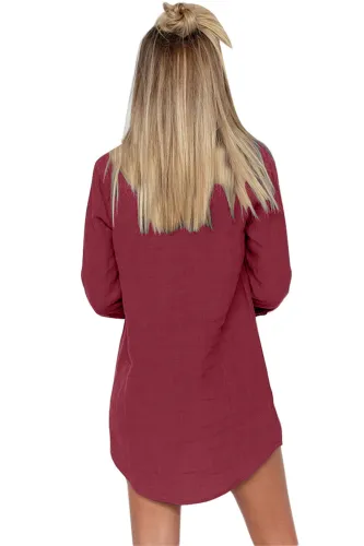 Burgundy Button Neck Long Sleeve Shirt Dress