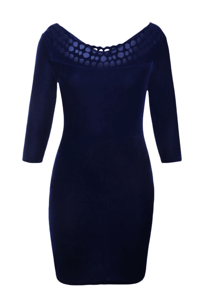 Navy Hollow Out Round Neck Sleeved Velvet Dress