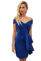 Blue Embroidered Off Shoulder Neck Cascading Mini Dress