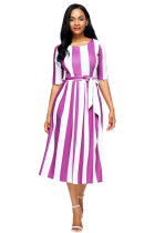 Purple Stripe Print Half Sleeve Belted Dress