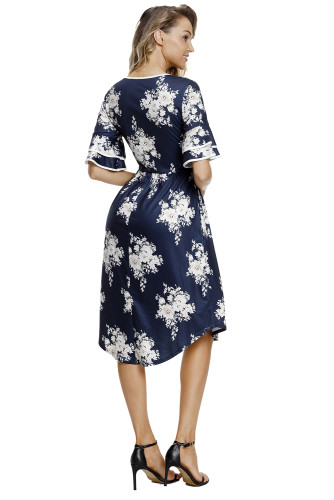 Navy Floral Print Layered Bell Sleeve Dress