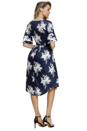 Navy Floral Print Layered Bell Sleeve Dress