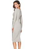 Grey Multi-way Deep V Neck Knot Tie Long Sleeve Midi Dress