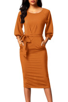 Mustard Puff Sleeve Belt Chiffon Pencil Dress