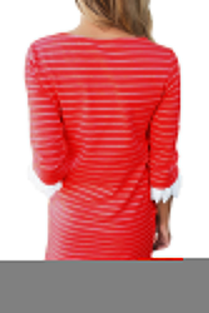 Red Striped Body Lace Cuffs Insert Casual Dress