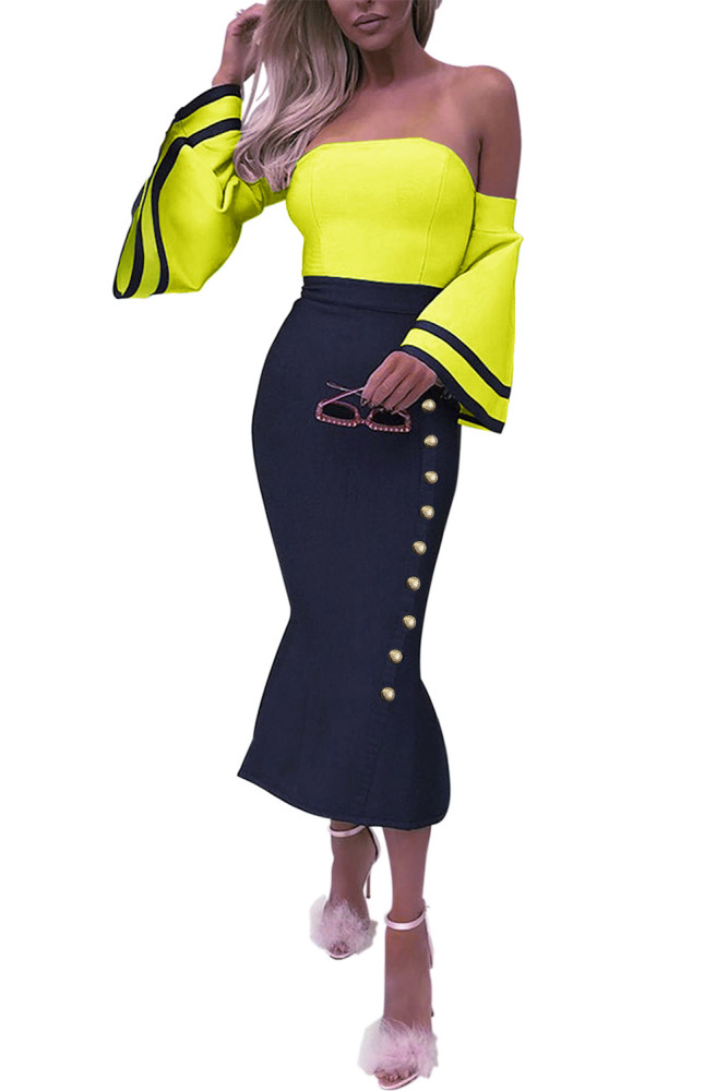 Yellow Flare Sleeve Button Bodycon Cocktail Party Dress