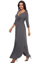 Gray Surplice Neck High Waist Pleated Pocket Maxi Dress