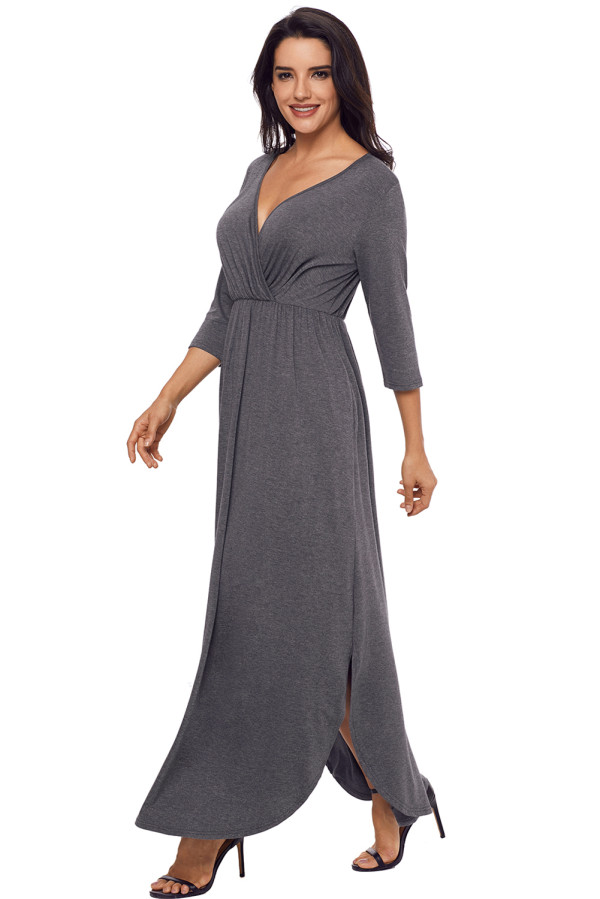 Gray Surplice Neck High Waist Pleated Pocket Maxi Dress