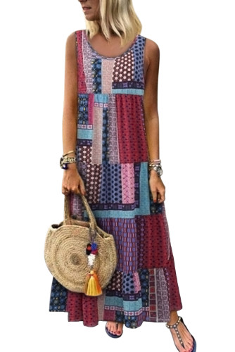 Purple Bohemian Splicing Round Neck Sleeveless Dress