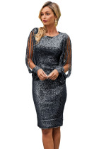 Black Sequin Tassel Sleeve Bodycon Evening Dress