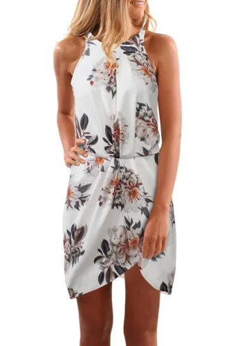 White Halter Neck Floral Print Sleeveless Casual Mini Dress