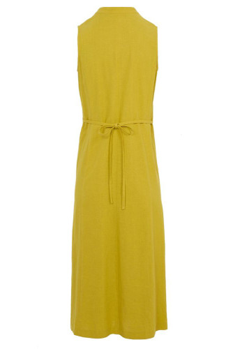Yellow V Neck Pleated Sleeveless Dress