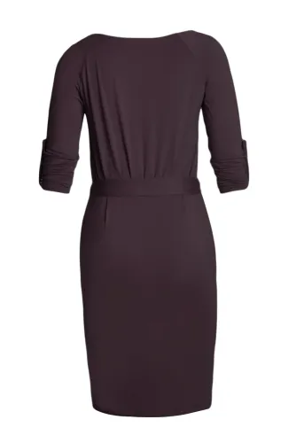 Coffee Roll-tab Long Sleeve Tie Waist Midi Dress