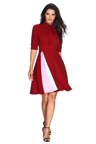 False Slit Splice Burgundy Bow Tie Vintage Dress