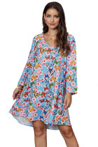 Multicolor Printed V-Neck Three Quarter Sleeve Loose Dress