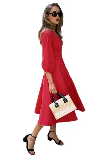 Red Button Front Balloon Sleeve Vintage Dress
