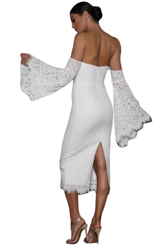 White Embroidered Lace Bell Sleeve Midi Dress