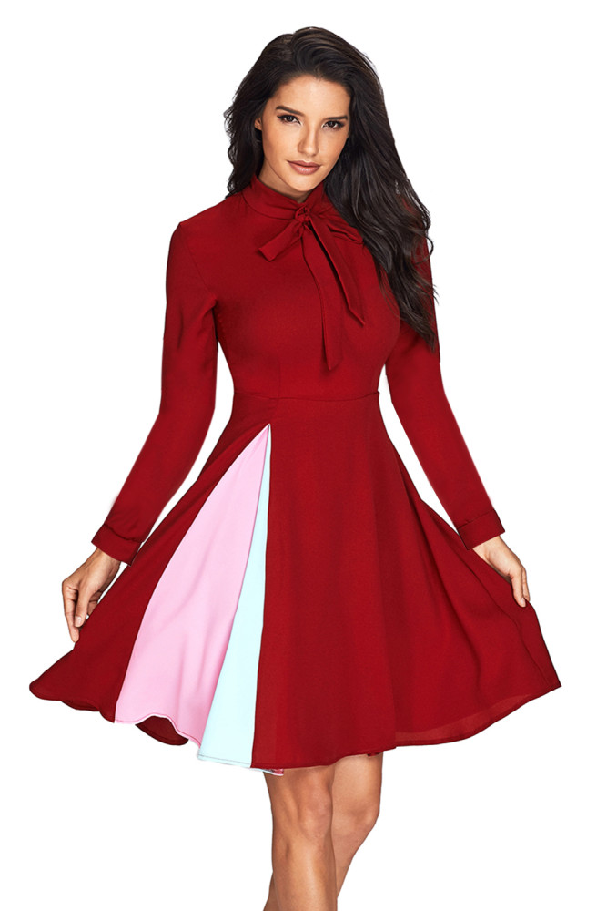 Patchwork Tie Neck Long Sleeve Burgundy Flared Dress