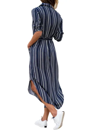 Navy White Multi Striped Shirt Dress with Tie