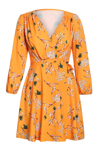 Yellow Long Sleeve V Neck Floral Wrap Dress