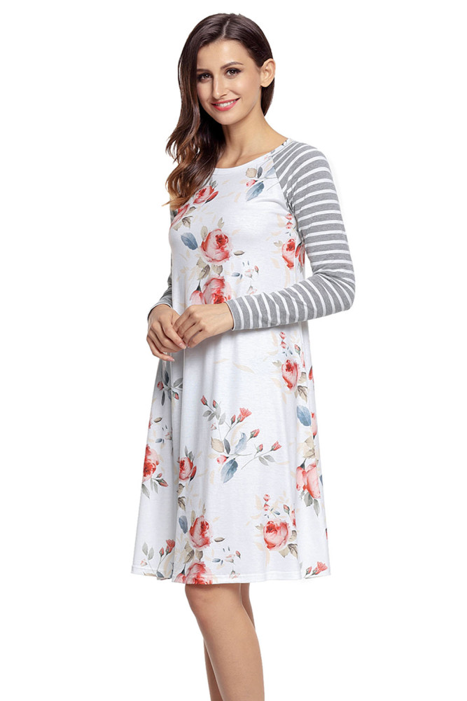 White Floral Print Stripe Raglan Sleeve Dress
