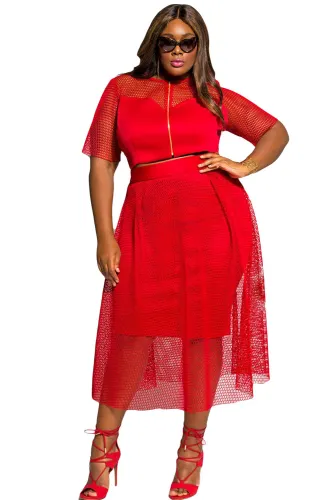 Red Mesh Joint Plus Crop Top Skirt Set