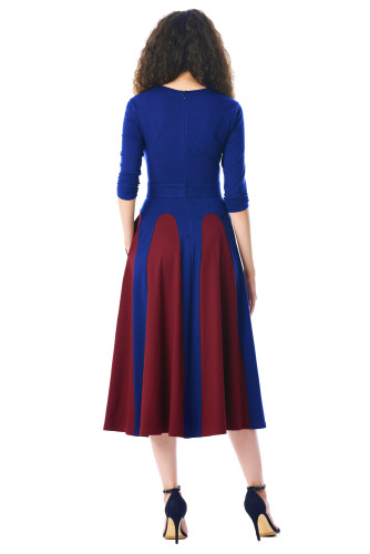 Color Block 3/4 Sleeve Round Neck Midi Dress