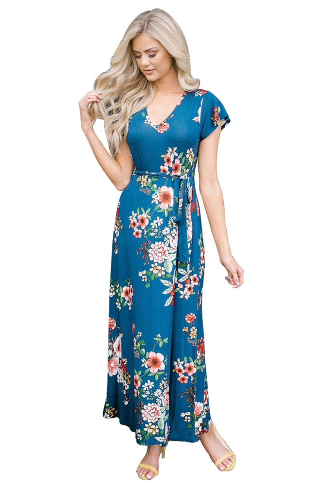 Navy Blue Floral Print Cap Sleeve Maxi Dress
