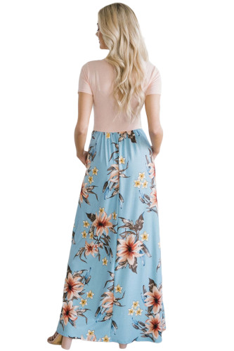 Pink Blue Floral Pocket Style Long Summer Dress