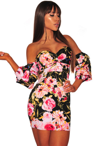 Black Floral Sweetheart Off Shoulder Dress