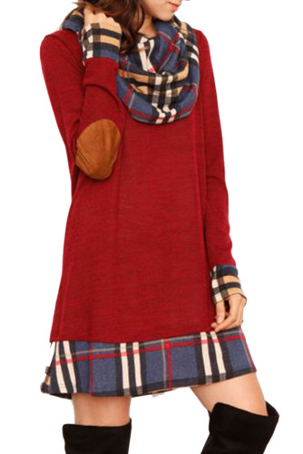 Red Plaid Elbow Patch Cowl Neck Dress