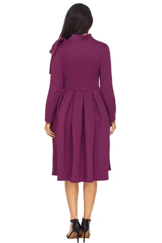 Purple Bowknot Embellished Mock Neck Pocket Dress