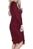 Red Long Sleeve Button Ruffled Irregular Hem Swing Dress
