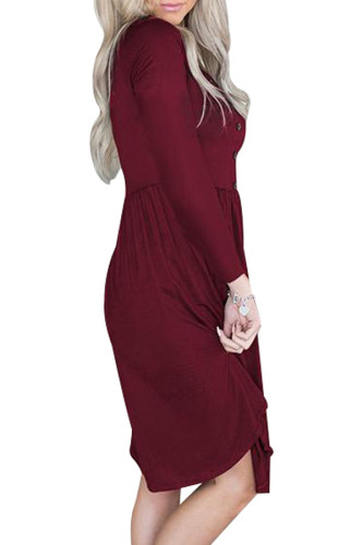 Red Long Sleeve Button Ruffled Irregular Hem Swing Dress