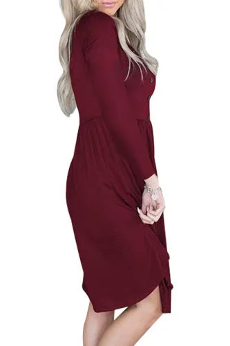 Red Long Sleeve Button Ruffled Irregular Hem Swing Dress