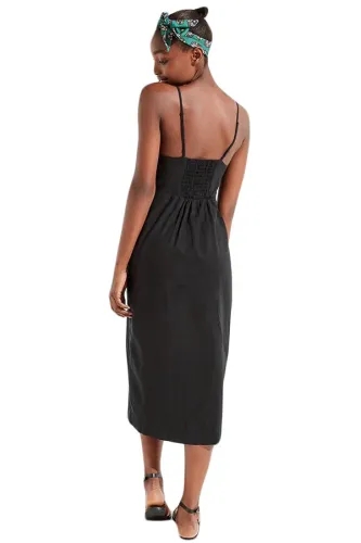 Black Buttoned Linen Midi Dress