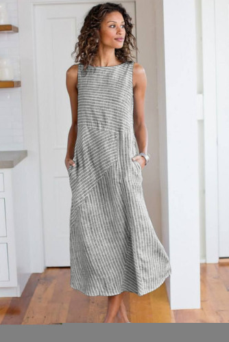 Gray Crew Neck Striped Shift Daily Dress