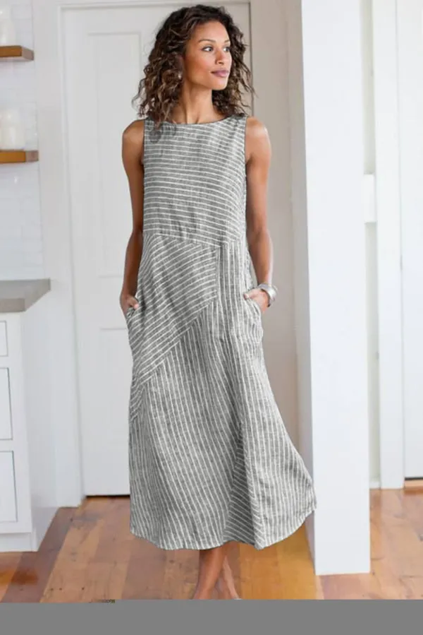 Gray Crew Neck Striped Shift Daily Dress