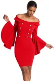 Red Double Breasted Button Off Shoulder Dress