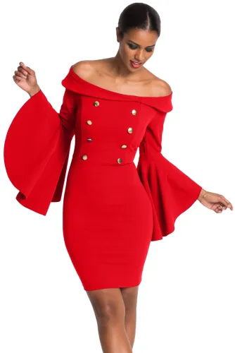 Red Double Breasted Button Off Shoulder Dress