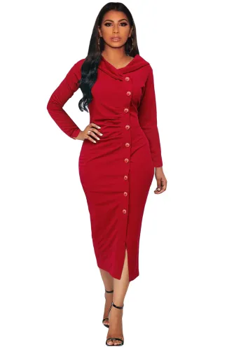 Stylish Red Button Up Front Slit Sheath Midi Dress