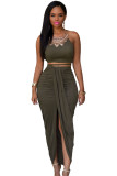 Olive Faux Suede Two Piece Maxi Skirt Set