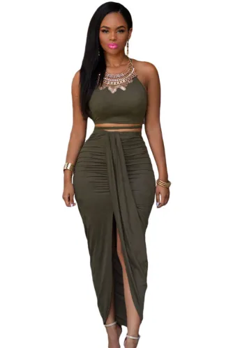 Olive Faux Suede Two Piece Maxi Skirt Set