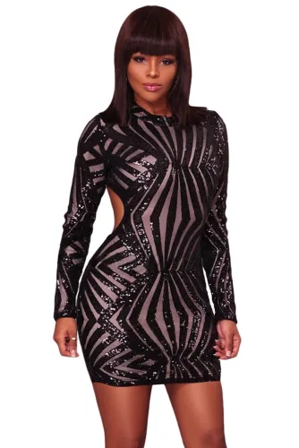 Black Sequin Detail Open Back Party Mini Dress