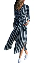 Contrast Vertical Striped Notch Lapel Belted Shirt Dress