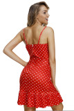 Red White Polka Dot Print Cut Out Frill Hem Mini Dress