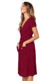 Red Stylish Button Front Midi Dress with Pockets