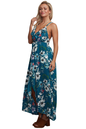 Slate Blue Floral Chiffon Spaghetti Straps Maxi Dress