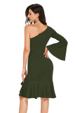 Green Twist and Ruffle Accent One Shoulder Prom Dress